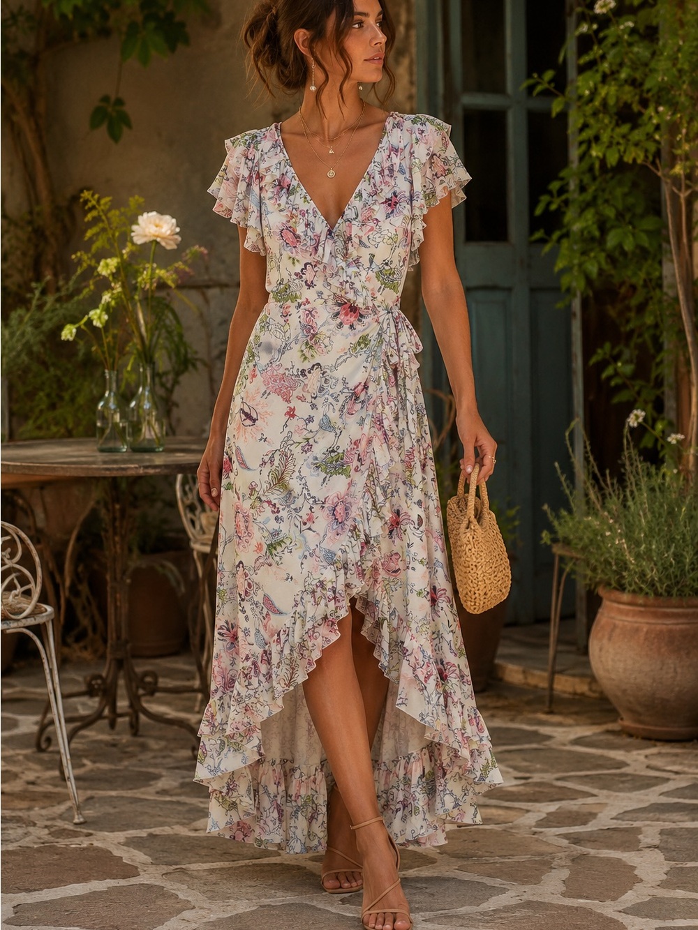 Cinq a Sept Floral Ruffle Wrap Midi Dress Size 2 Boho Cottagecore Romantic Fem